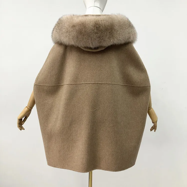 China Manufacturer Winter Women Cashmere Warm Poncho Oversize Long Wool Coats With Genuine Fox Fur