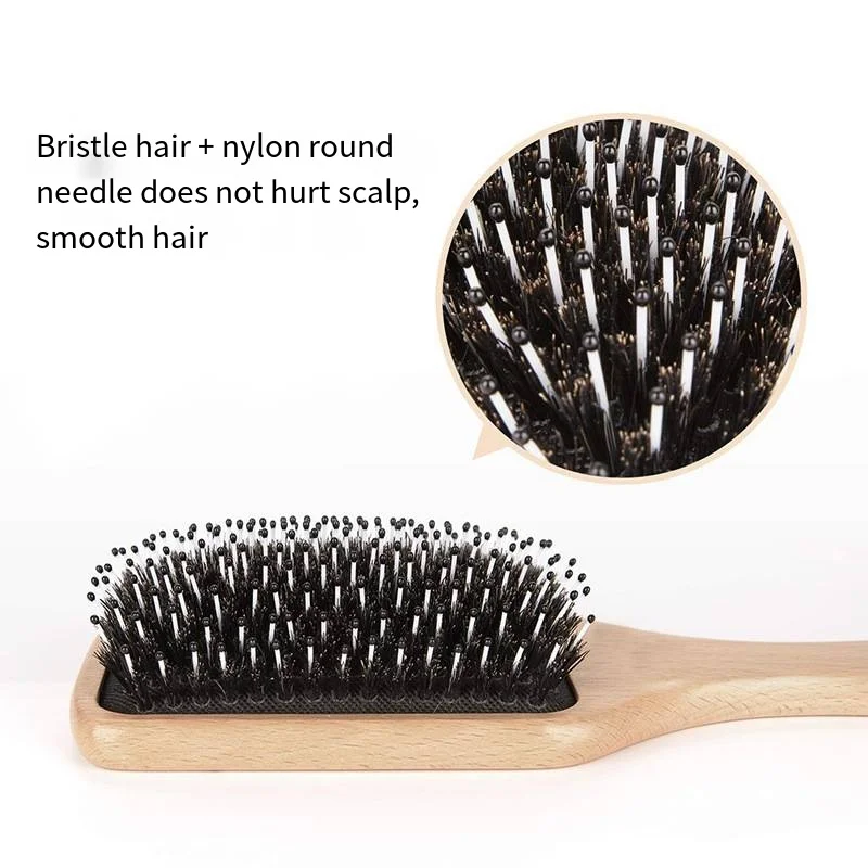 Custom Logo Wooden Paddle Hair Brush with ABS Handle Square Nylon Boar Bristle Massage Cushion Natural Type for Hair Styling
