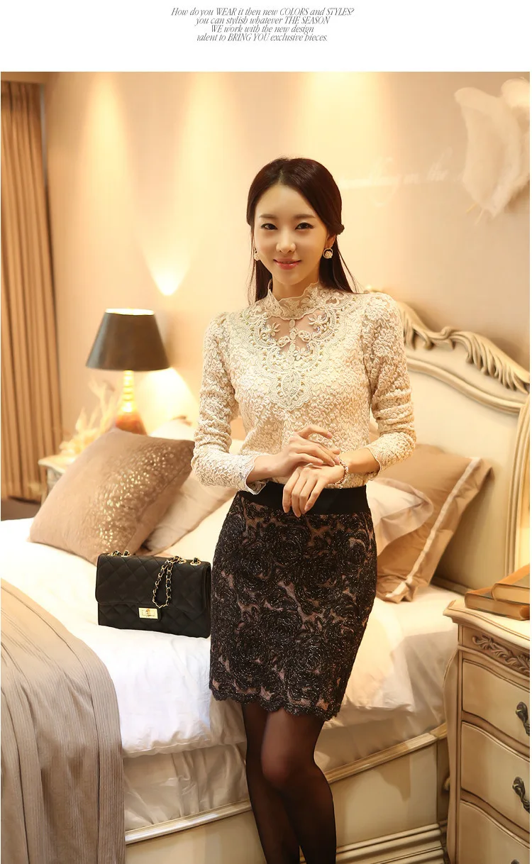 New Women Lace Crochet Hollow Out Tops Pearl Long Sleeve Blouses And Shirts Casual Female Plus Size Blouse