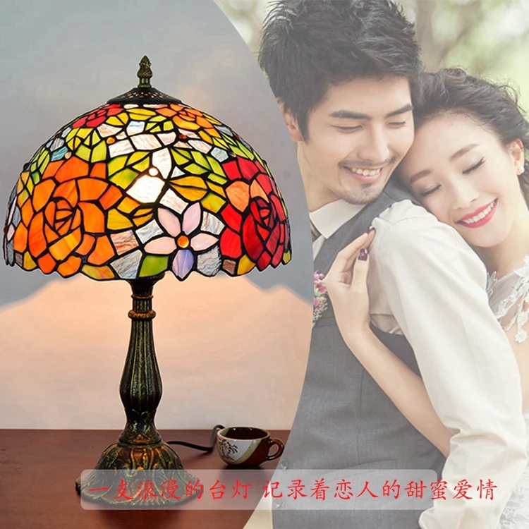 12 inch Vintage creative Classic Rose art decorative Tiffany tinted glass mood lighting Hotel bar dining room table lamp