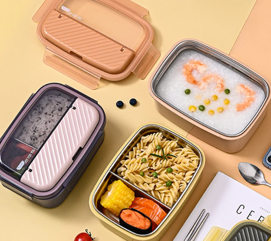 1050ml Thermal Insulation Lunch Box, Two Stainless Steel Compartments Bento Food Container