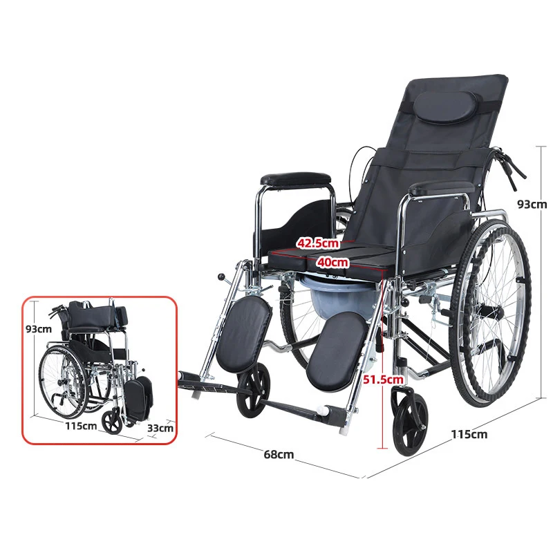 Factory High Quality Lightweight Manual Reclining Commode Wheelchair With Toilet Folding Portable Wheelchair
