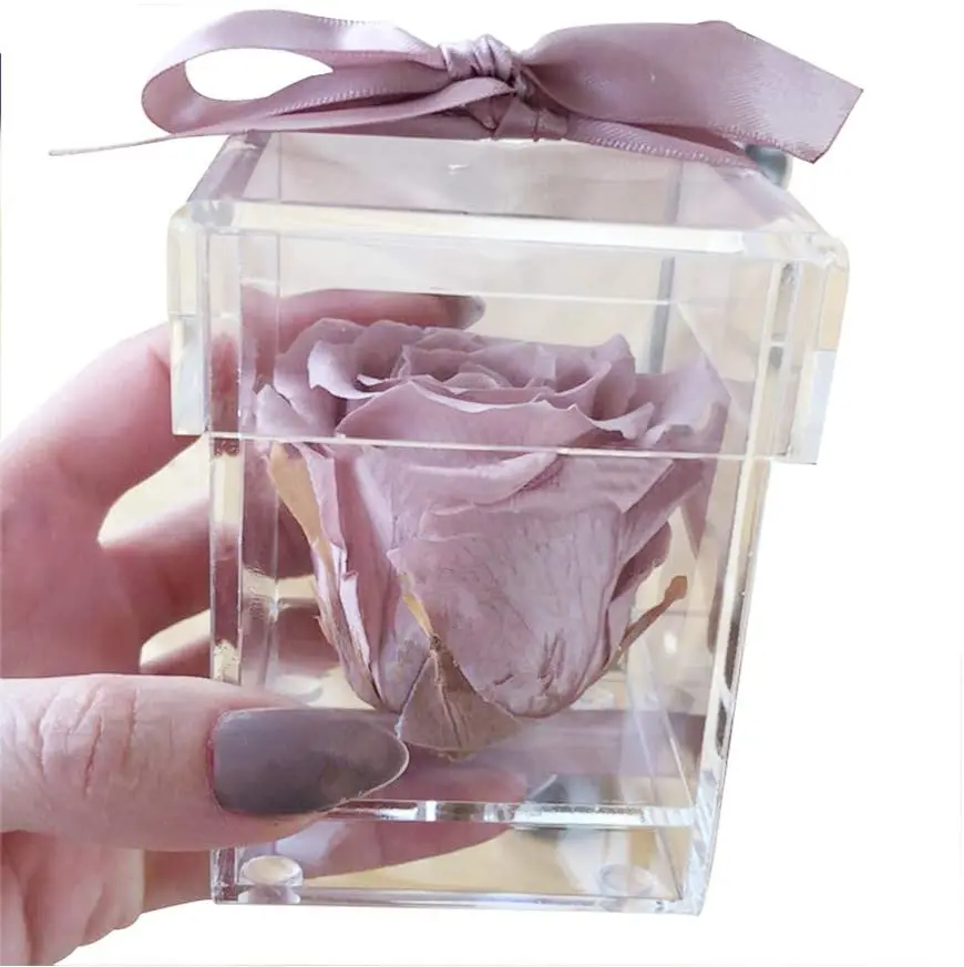 Clear Acrylic Rose Flower Box Invitation with Pink Flowers Decor Mini Acrylic Flower Gift Case