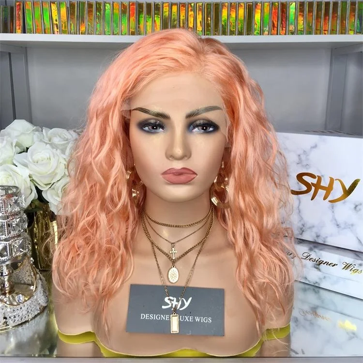 
SHY Pink 16 Inch Lace Front Human Hair Wig Natural Hairline Left Part For Woman brazilian hair 