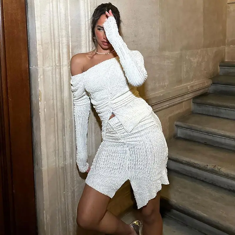 Charm Solid Color 2 Piece Set Off Shoulder Long Sleeve Women Crop Top Pleated Mini Skirts Set