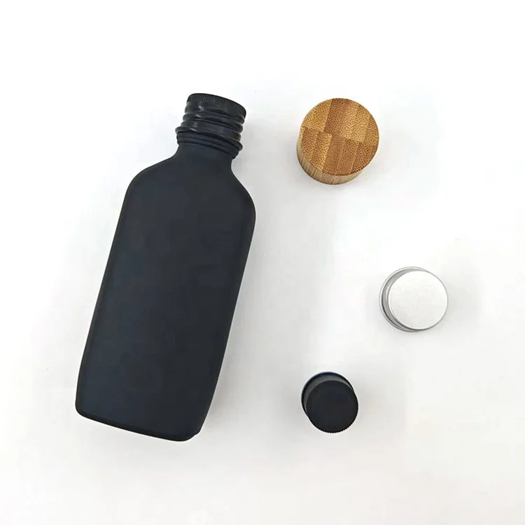 custom logo flat shampoo bottle 100ml frosted shampoo 24/400 skin serum bottles cosmetic with aluminum lid Screw top cap black