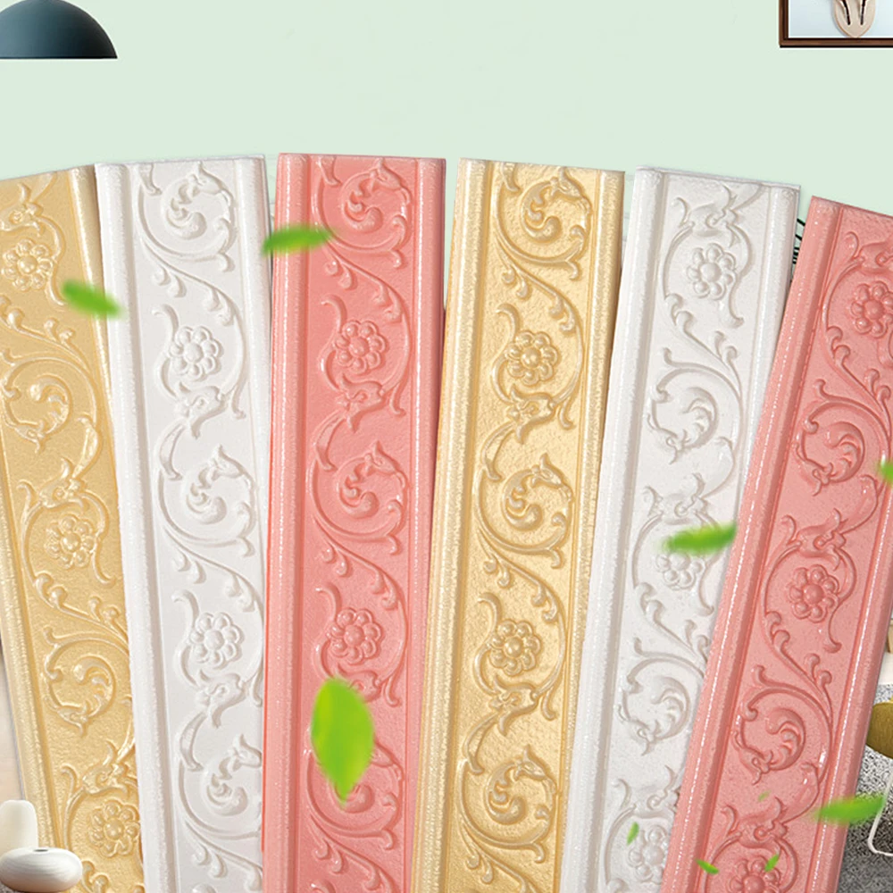 69*8cm Self-adhesive Wallpaper 3d Embossed Skirting Lines Wall Border Baseboard Anti-collision Wall Stickers Waterproof