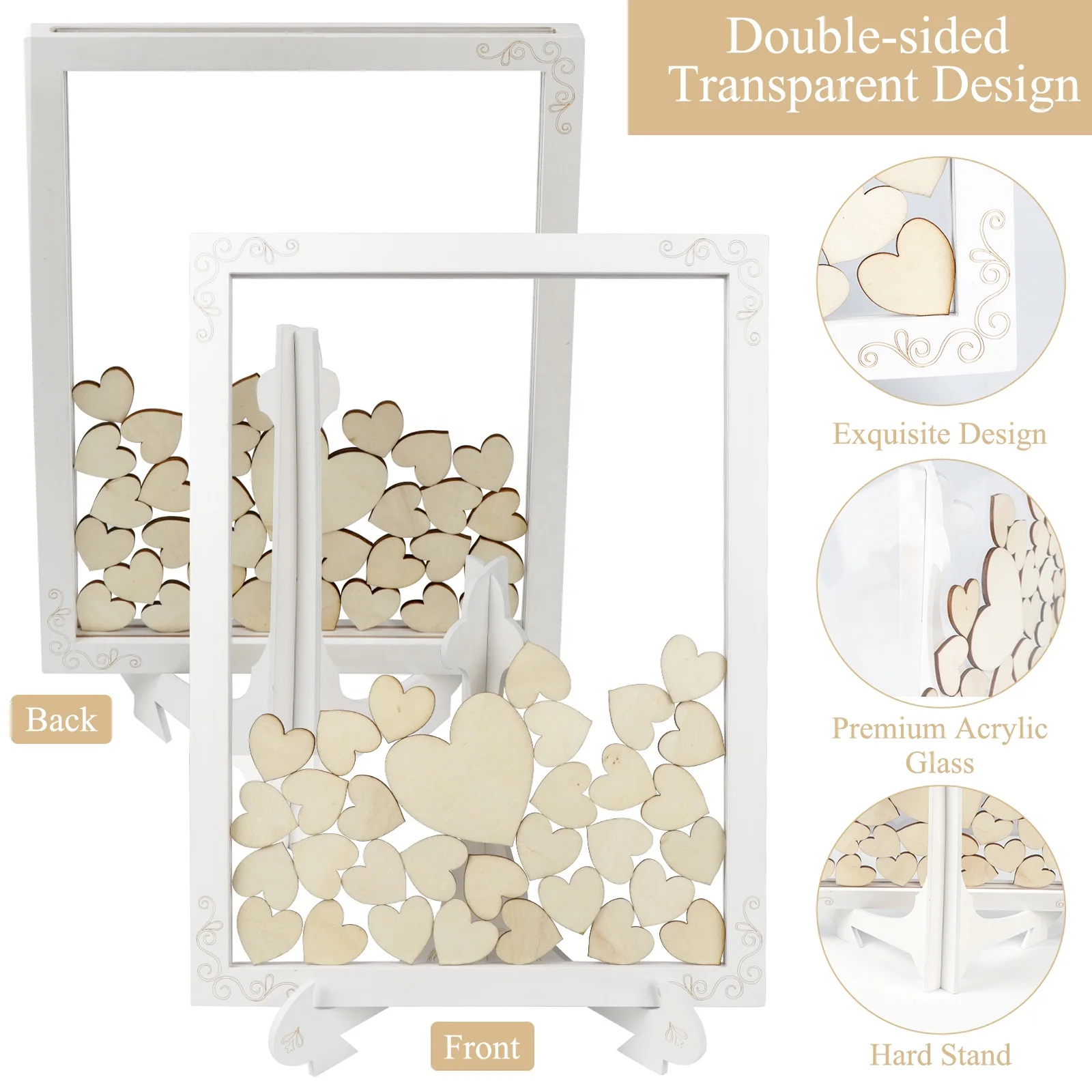 Ourwarm White Wood Rustic Drop Top Box Heart Sign Alternative Wedding Guest Book Frame with Stand