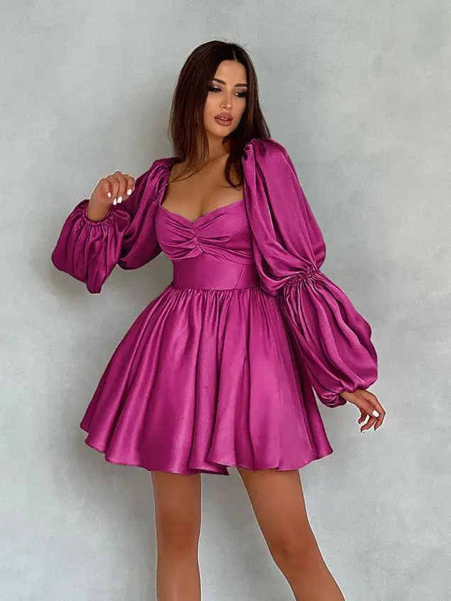 2023 summer dress Sweetheart Neck Frill Trim Dress  Puff sleeve satin Sexy Pink dress women elegant for valentines day gift