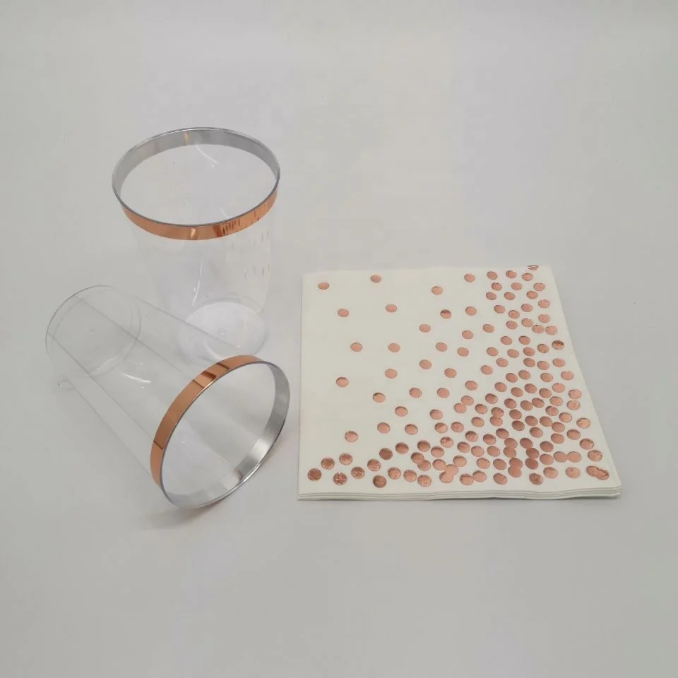 Fancy Party Dinnerware Set Rose Gold Plastic Cup Napkin Combo Set Included for Birthday Events Sweet Decorations