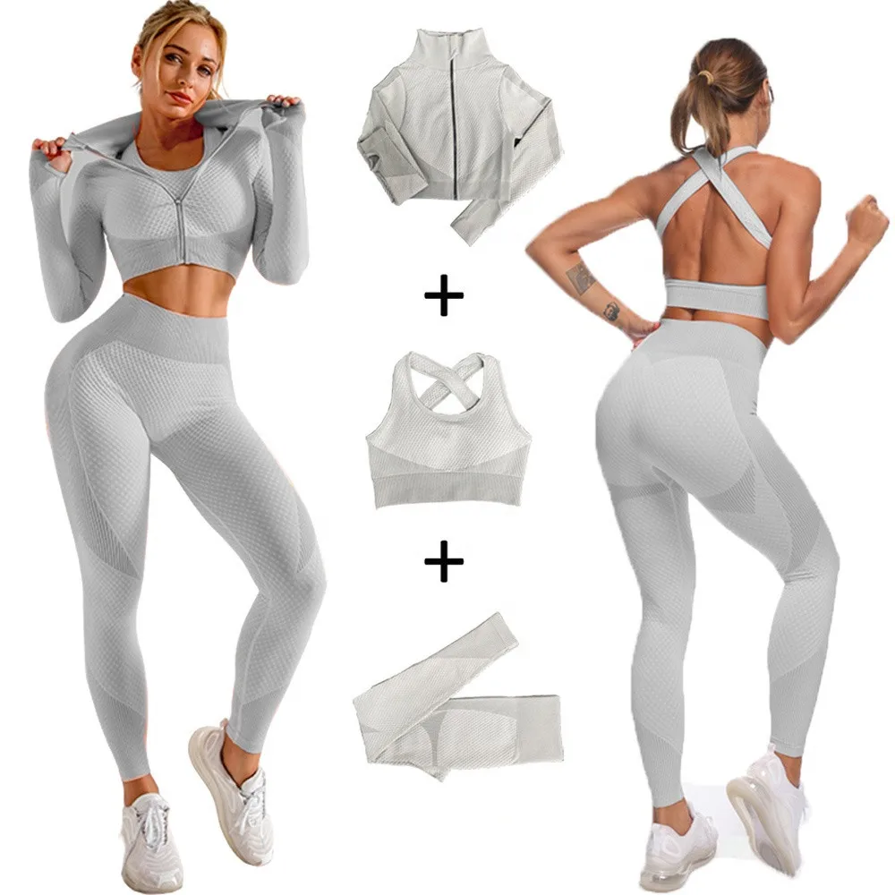 3PCS New Colors Grey Sports Gym Clothes Women Gym Seamless Yoga Set & Workout Sets