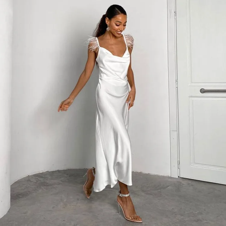 V Neck Spaghetti Strap Dress Women Sexy Slim Sleeveless Elegant Female Clothes Backless White Feather Zipper Satin Dress