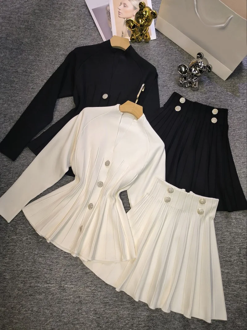2025 Two Piece Set Spring Lady Suit Long Sleeve Single Breast Knit Cardigan Mini Pleated Skirt Women 2Pcs/set