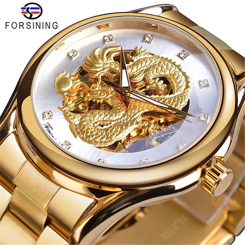 Man Watch Top Brand Luxury Classic Dragon Design Silver Stainless Steel Diamond Display Men Automatic Wrist Watches Clock