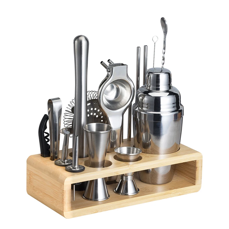 Cocktail Set Stainless Steel Bartender Kit Bar Accessories Shaker Set Wood stand Cocktail Shakers Set