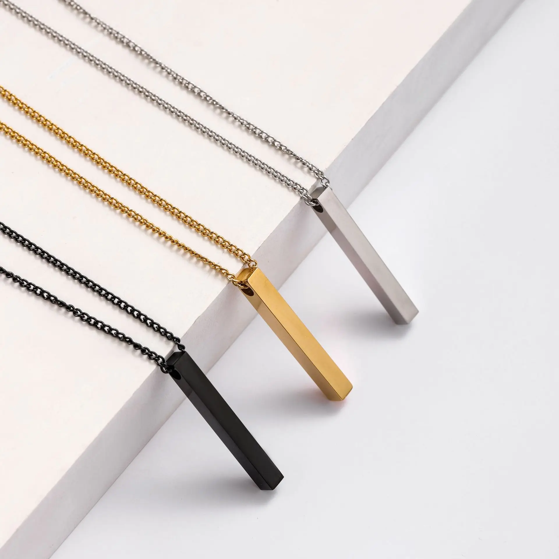 Vertical Rectangular Custom Personalized Message Text Engraved Wholesale Stainless Steel Blank Bar Pendant Necklace With Chain