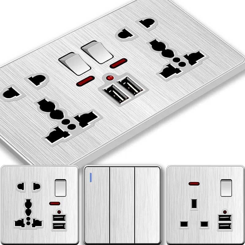 Silver UK Light Wall Switches Sockets 1Gang 2Way  British Standard 13amp  Electrical Switch Double Socket USB Sockets