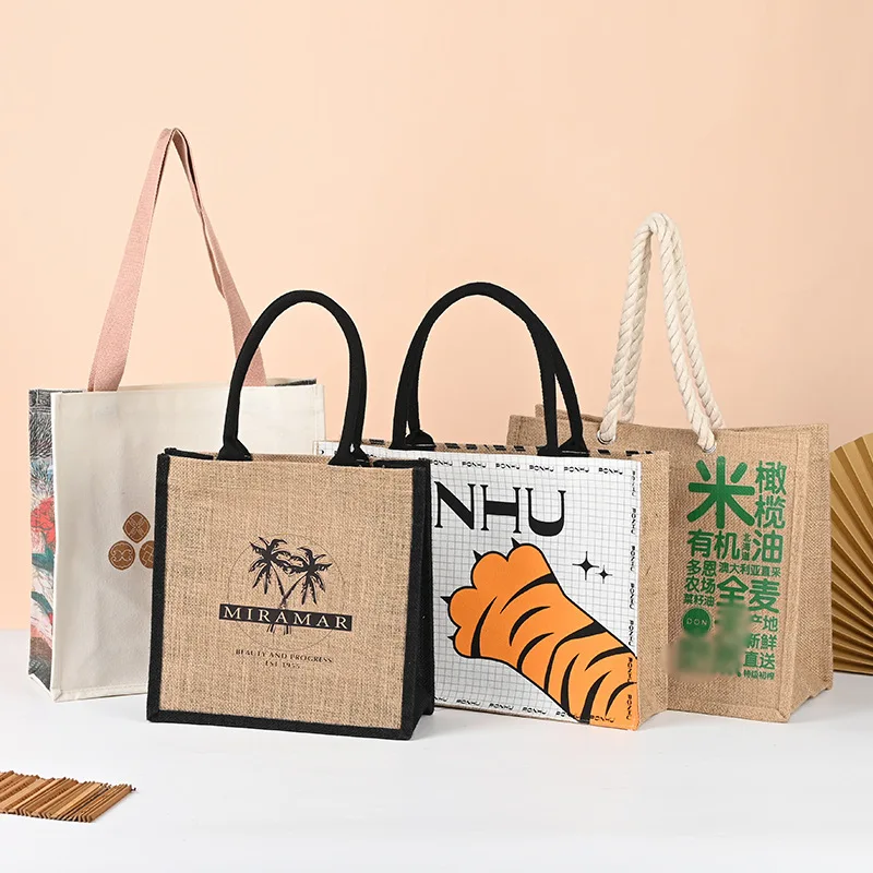 Large Capacity Custom Logo Shopping Bag Colorful Jute Handbag Custom Art Hand Carrying Fashion Retro Tote Bag