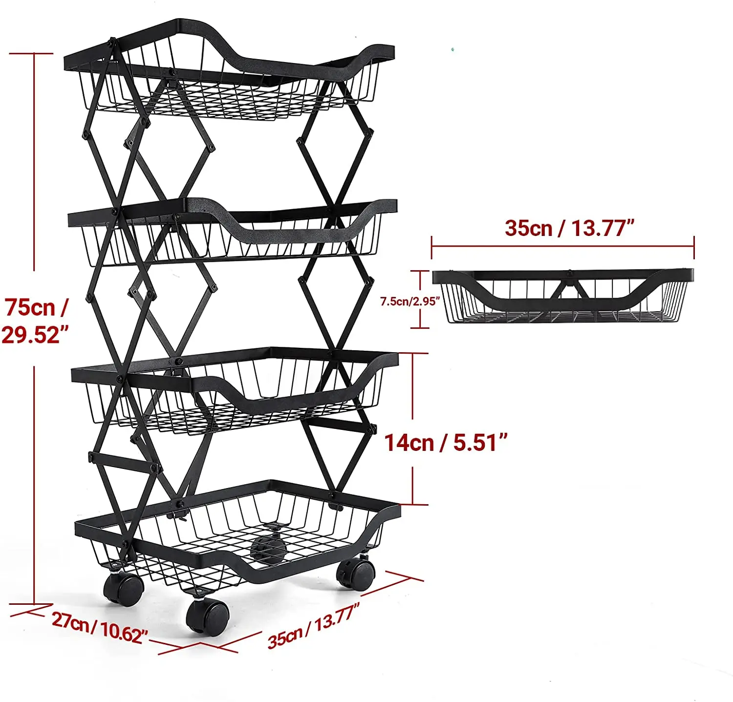 Collapsible Metal Wire Storage Pantry Baskets with Wheels, Fruit Vegetable Basket Storage Cart, Rolling Utility Cart for Kitchen
