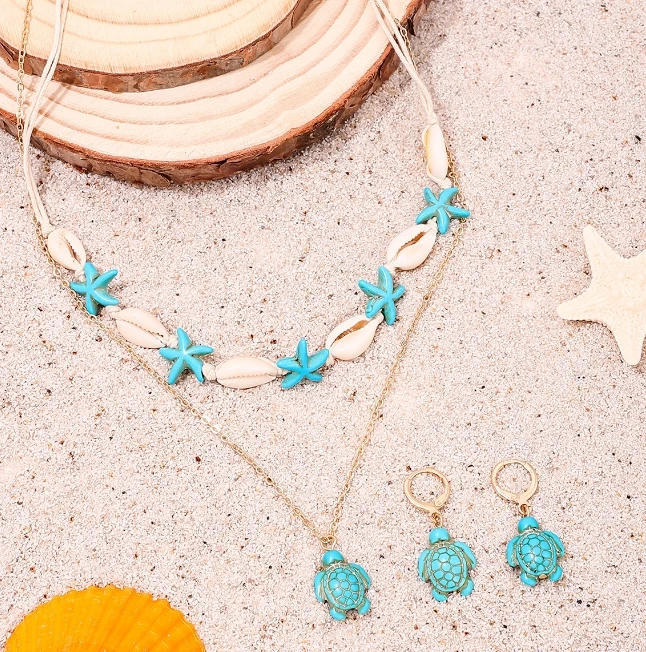 New starfish shell necklace turtle earpiece Ocean series multi-piece alloy jewelry set
