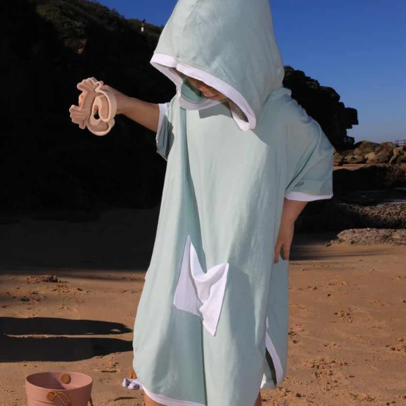 Organic kids bamboo poncho custom kids beach towel hooded poncho eco friendly children hooded towel jersey  beach poncho kids