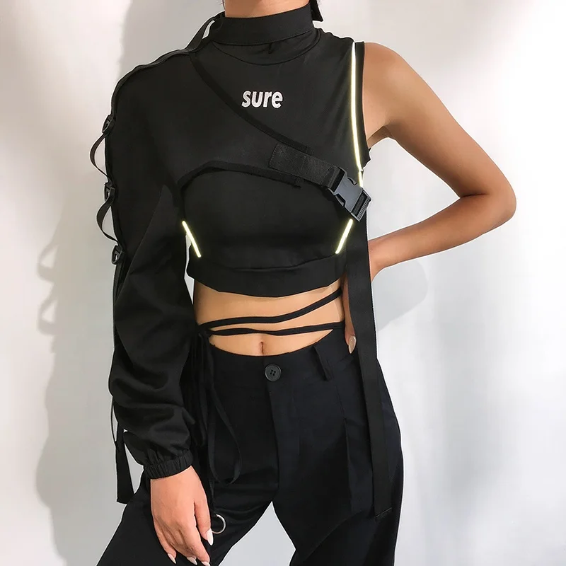 2019 hot selling High street tops new irregular bag buckle long sleeve streamers T-shirt blouse