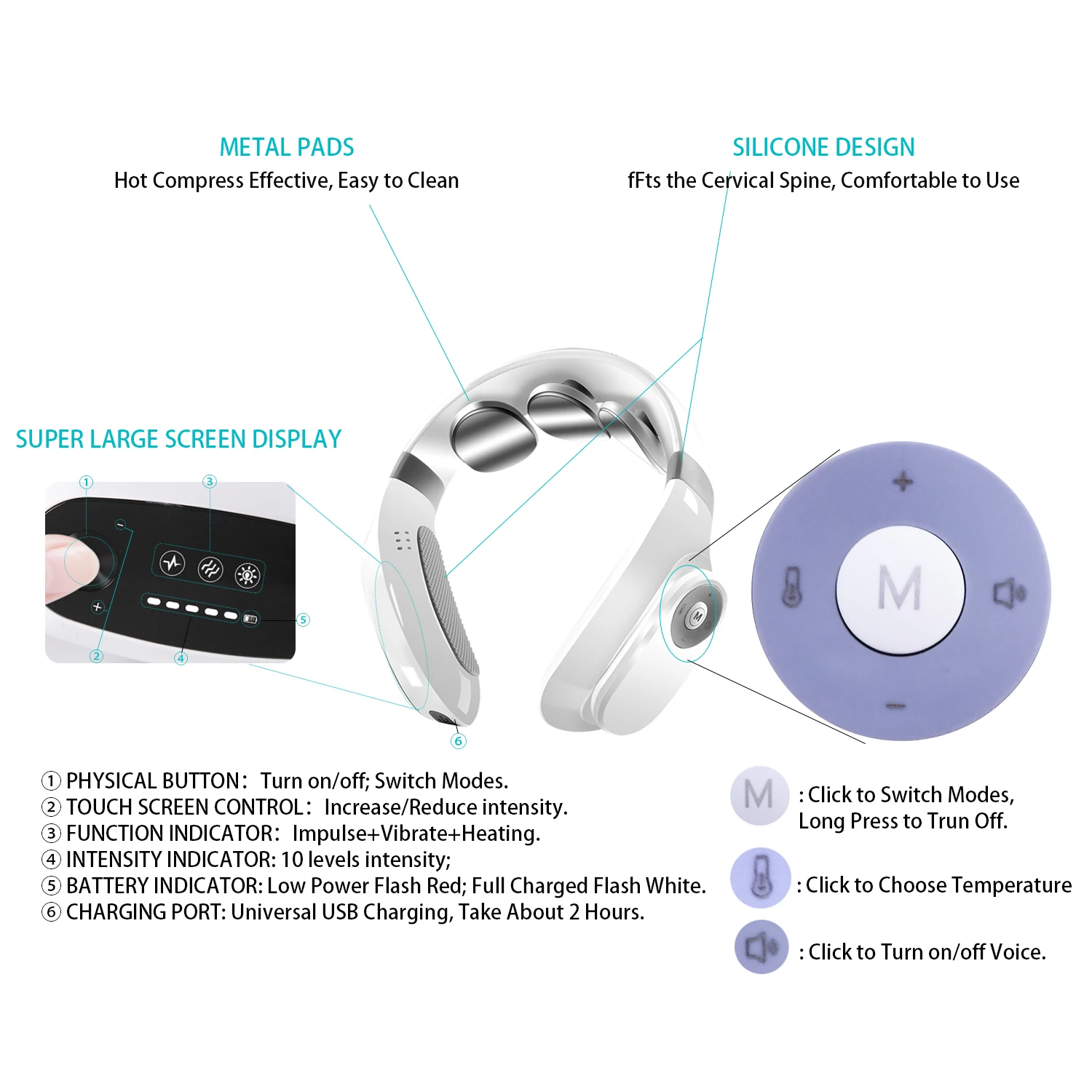 HEZHENG Neck Massager for Pain Relief Deep Tissue Cordless, Electric Pulse Neck Massager with Heat 3 Massage Pads Offer Deep Rel