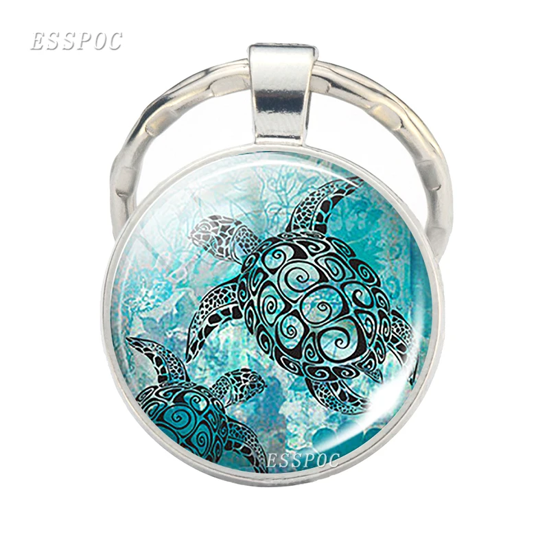 Sea Animals Key Chains Dolphin Shark Glass Cabochon Keychain Tortoise Keyring Starfish Pendant Trinket