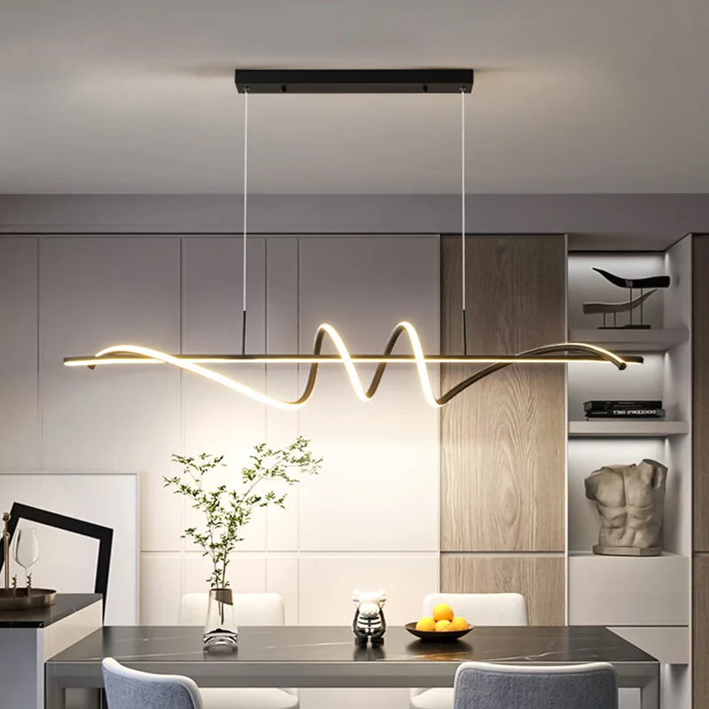 Modern Simple Metal Glass Chandelier Restaurant Long Hanging Lamp Dining Table Kitchen Linear Wave Led Modern Pendant Lighting