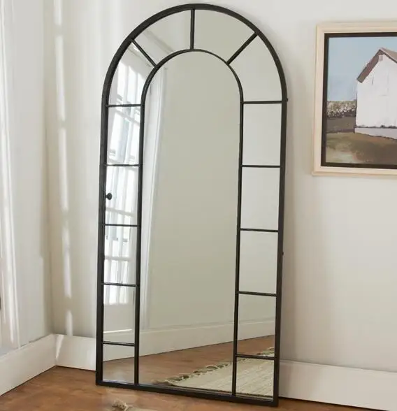 Large Arched Full-length Metal Floor Standing Dressing Mirror Black Frame Mirror