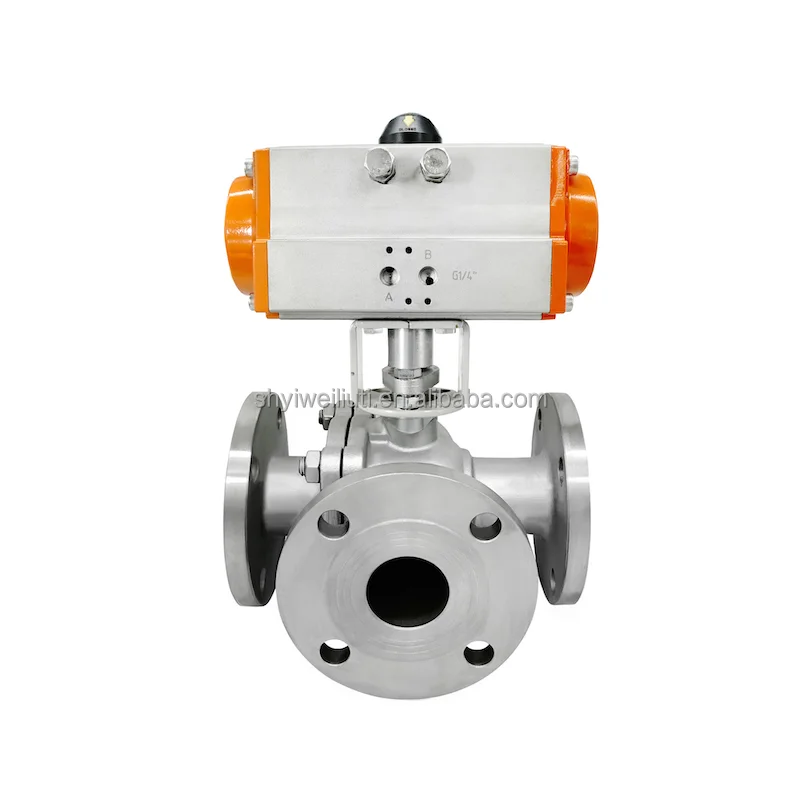 DN32 L Port stainless steel 304 316 flange connection 3 way 2pcs double union Pneumatic Actuator ball valve