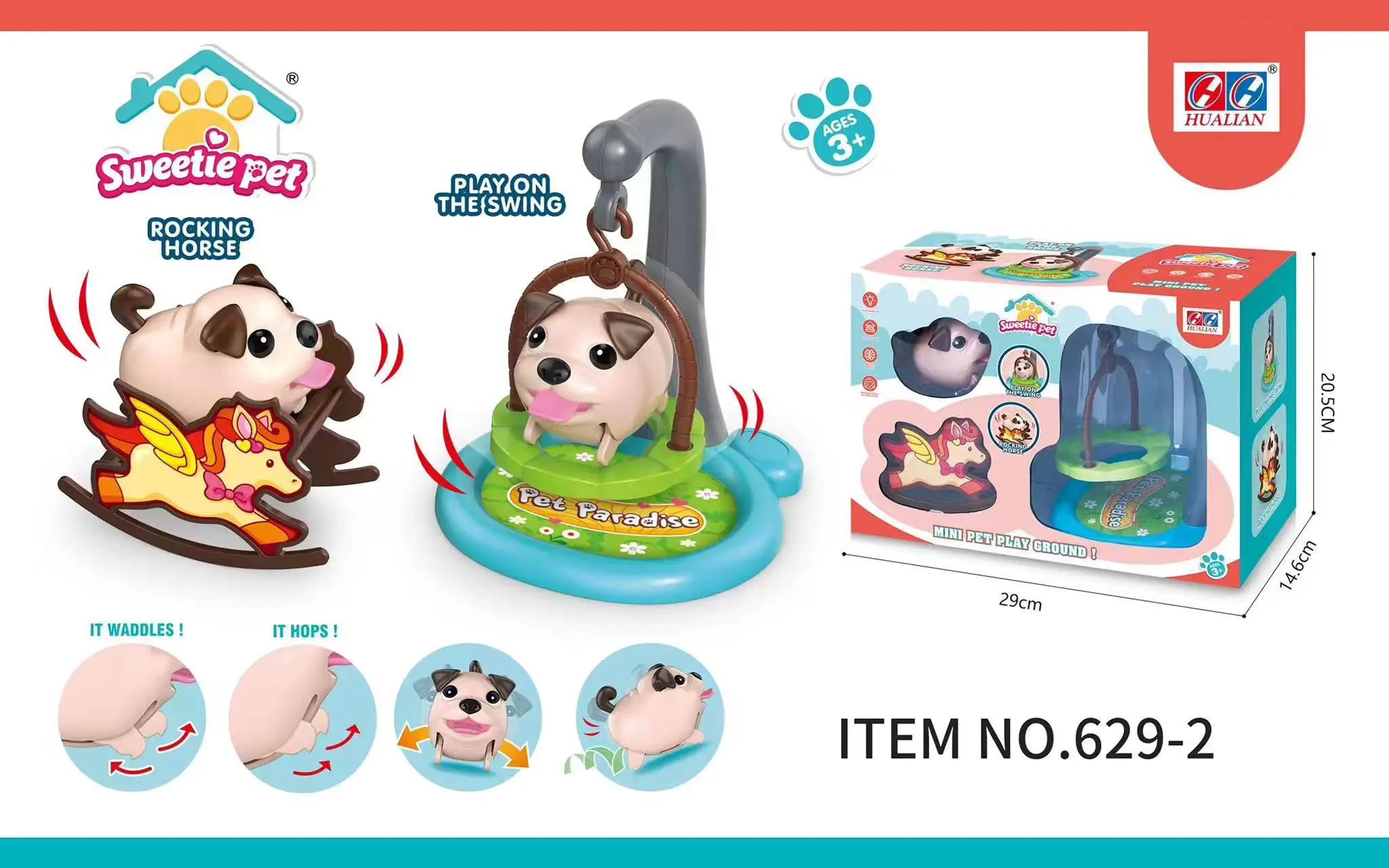 New Item Mini Pet Playground  B/O Dog Play Set Running Play on the Swing Rocking Horse