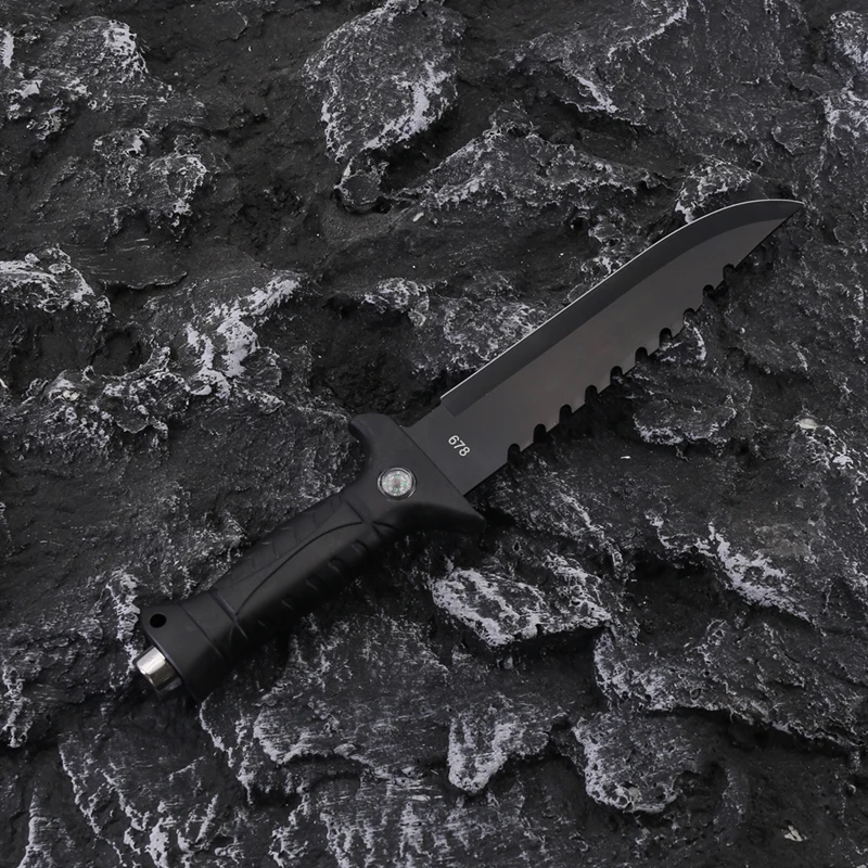 Outdoor survival black knife soft TPR handle camping tactical fighting knife fixed blade knife hunting with compass