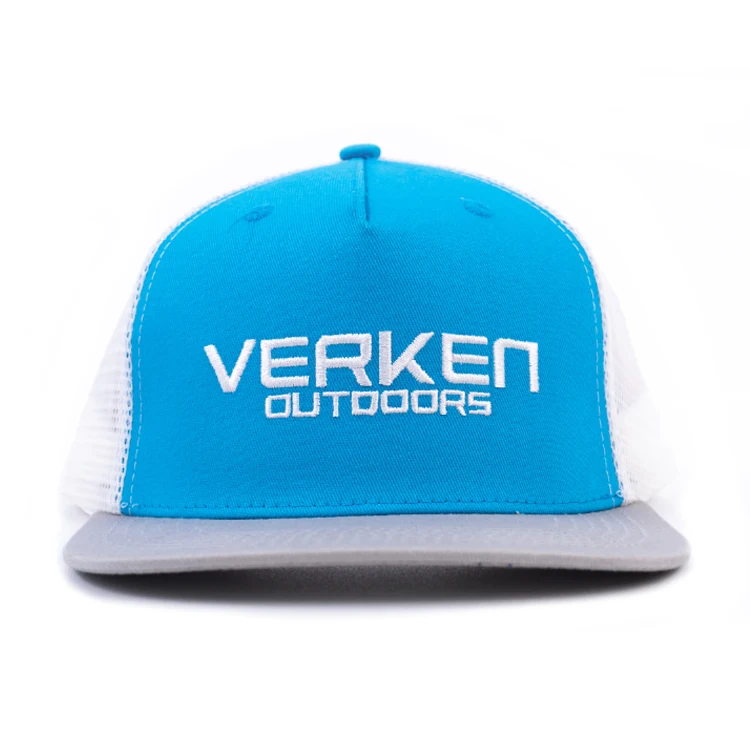 Oem Cheap Two Tone Cotton Twill Royal Blue Sport Baseball Hat Custom 2D 3D Embroidery Mesh Trucker Snapback Cap