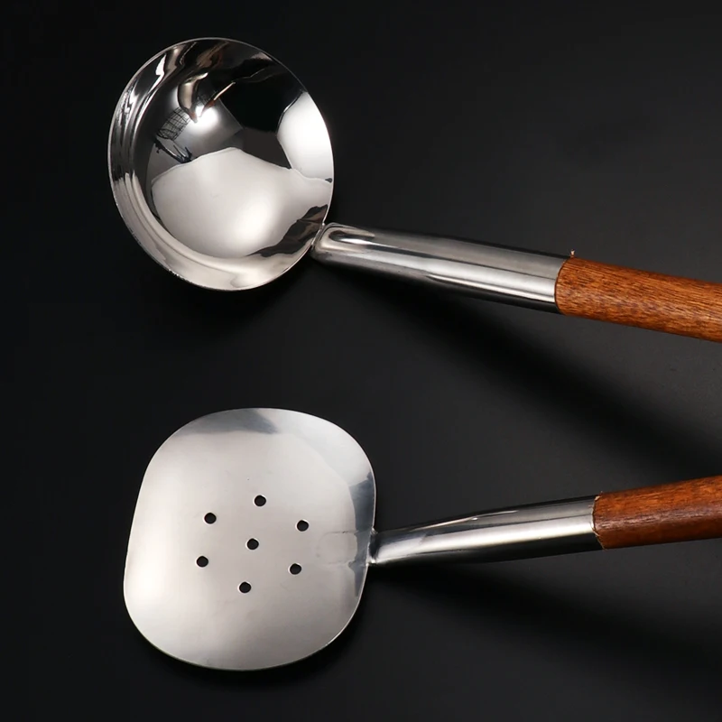 Restaurant Cooking Utensils Sets Stainless Steel Spatula Soup Ladle Spoon with Wooden Handle Big Size for Hotel Kitchen Utensil