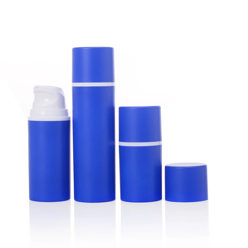 Luxury blue round airless pump bottle refillable soft touch cosmetic vacuum serum airless lotion pump bottle