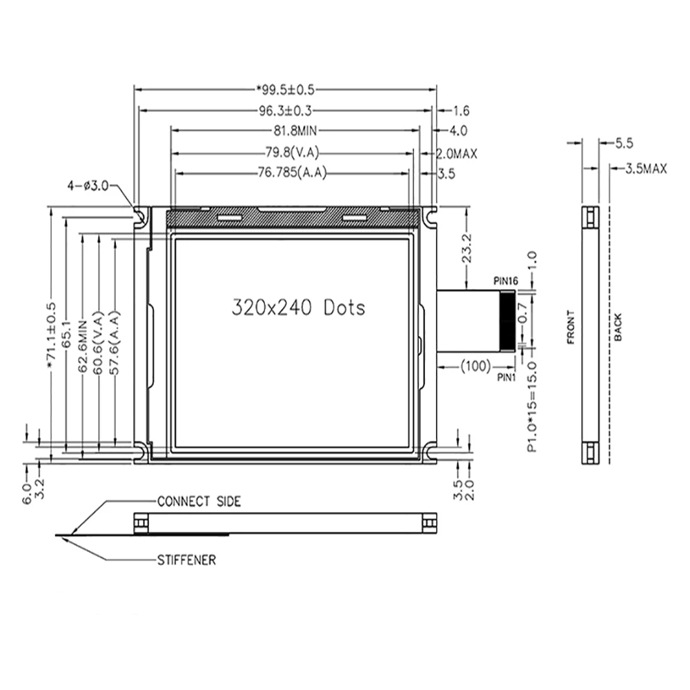 3.8 Inch blue lcd panel 320x240 graphic lcd module Ra8835 controller 20 pin cog display