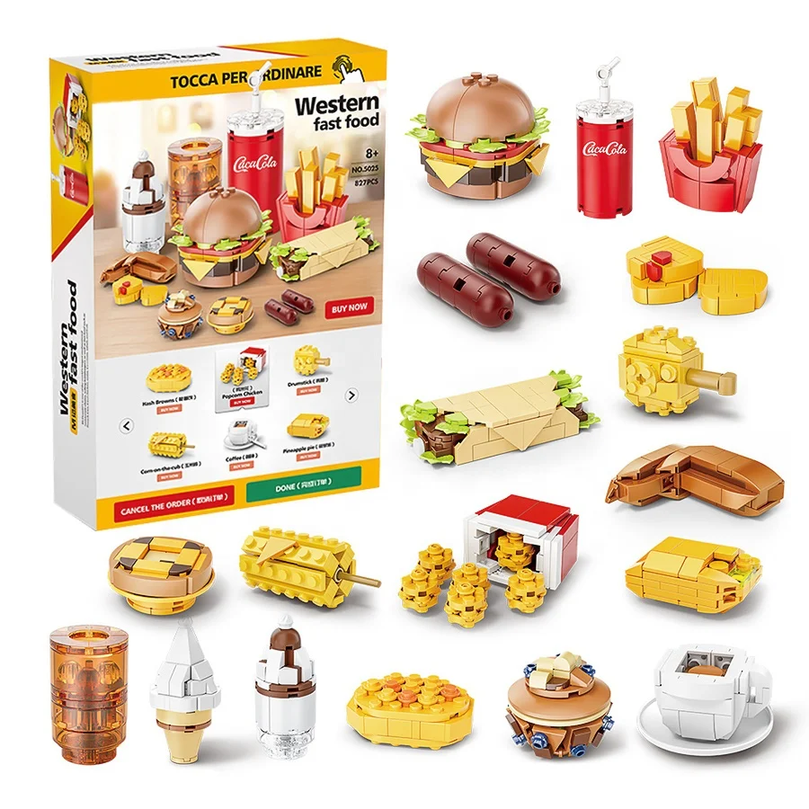 Coffee Sandwich French Fries Bread Hamburger Sets City Street View Cartoon Model Building Blocks Set Gift Toys for Kids