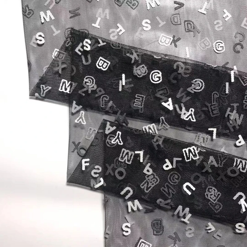 Newest design tulle fabric alphabet fashion tulle fabric foil print mesh fabric for dress