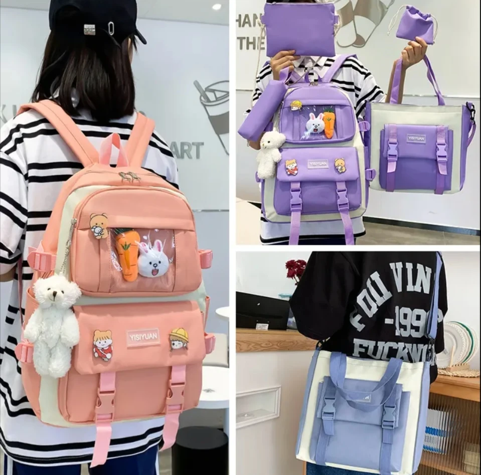 Hot Selling Unisex 5-Piece School Backpack Set Zipper Closure Rucksack Bag for Primary High School Teenagers