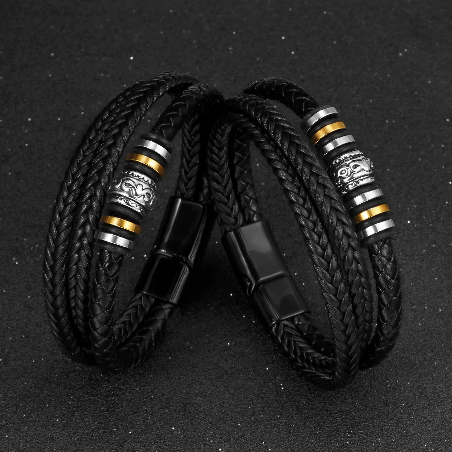 Top Selling Stainless Steel Multi Layers Leather Bracelet Titanium Steel Magnetic Clasp Black Leather Bracelet for Men