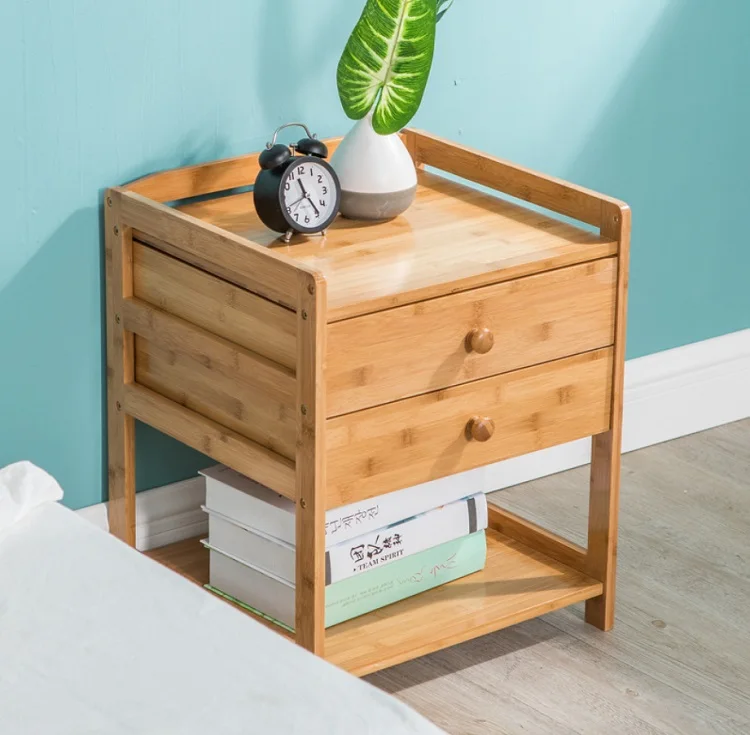 Ночной столик из бамбука для спальни с нижней полкой и ящиками