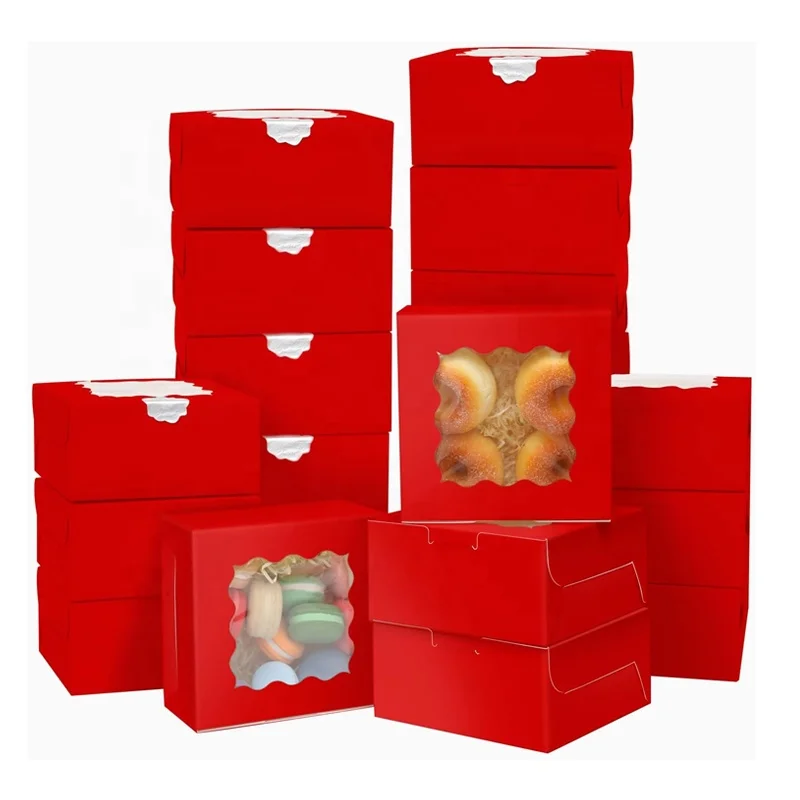 custom 6x6x3 inches Thick Bakery Cookie Macaroon Pastry packaging food box wholesale Recyclable Red kraft paper Box with Window
