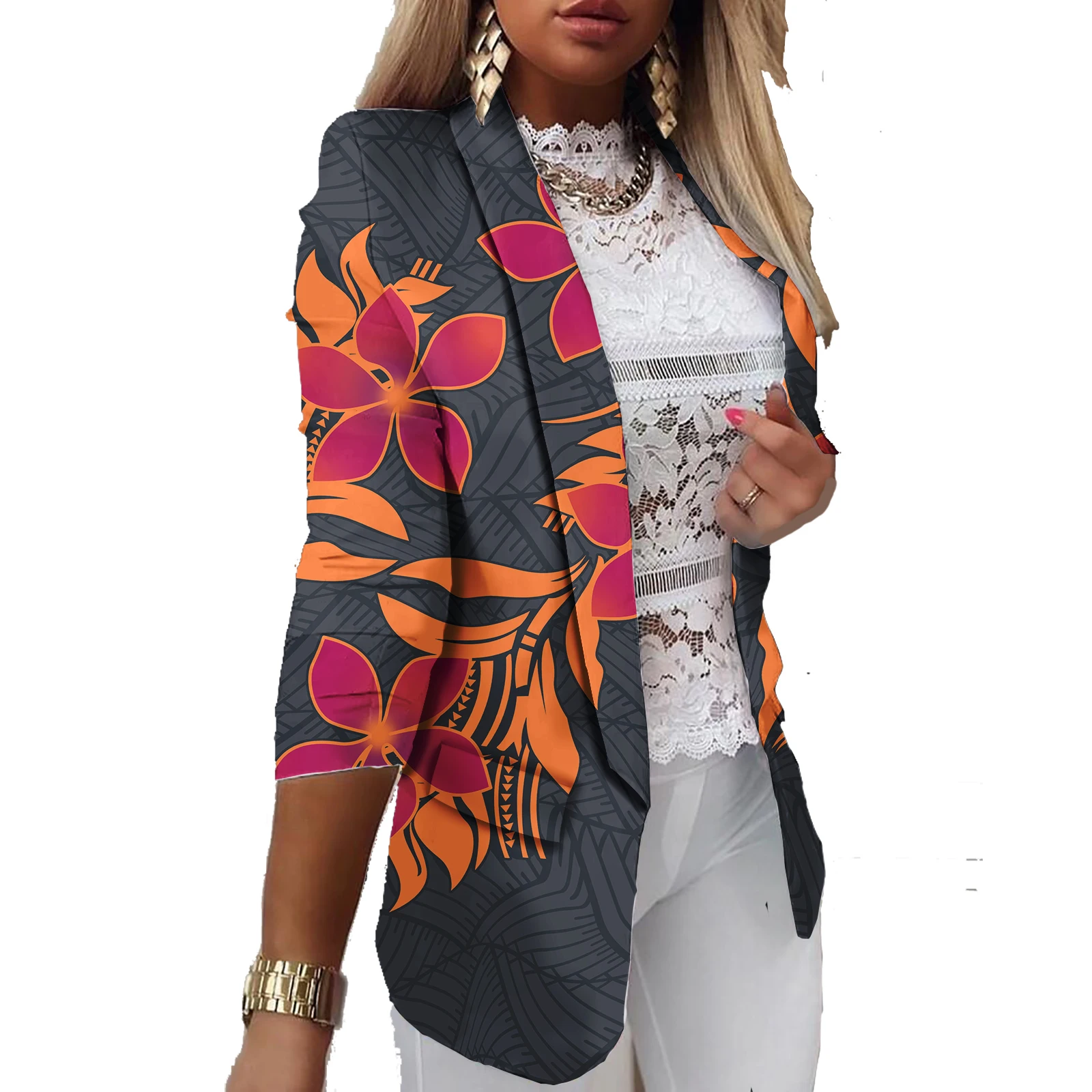 Direct Sales Ladies Casual Suits Elegant Straight Polynesian Hawaii Floral Heat Transfer Printing Ladies Blazer