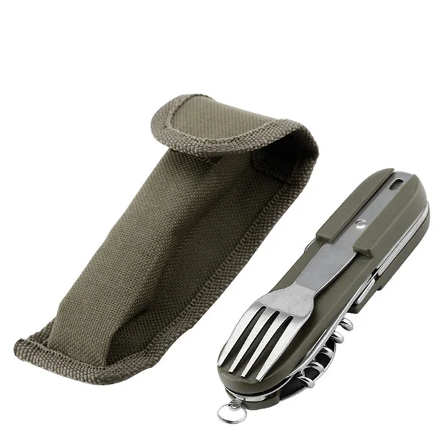 Army Green Folding Pocket Cutlery Stainless Steel Camping Tableware Knife Fork Spoon Bottle Opener