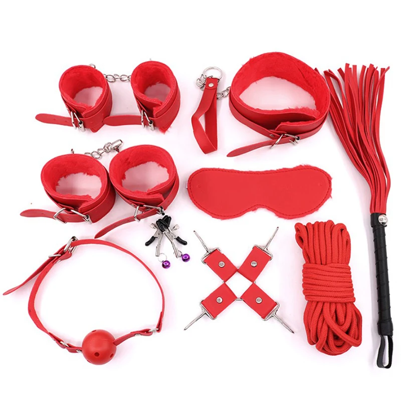 10 Pcs/set Sex Products Erotic Toys for Adults BDSM Sex Bondage Set Handcuffs Nipple Clamps Gag Whip Rope Sex Toys For Couples