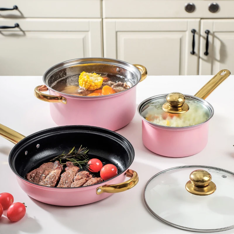 12 Pcs Pink Casseroles Soup Stock Pots Cast Iron Frying Pan Stainless Steel Cooking Pots And Pans Non Stick Cookware Sets