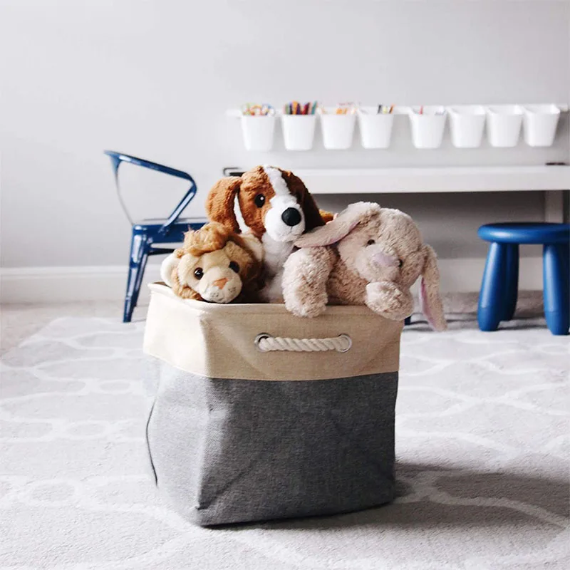 High Quality 3 Pack Cotton Linen Collapsible Toy Storage Box Fabric Storage Basket with Rope Handles