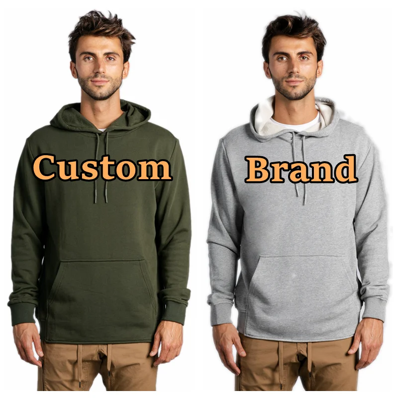 Custom Brand Pull Over Black Organic Hoodie Men Front Pocket Wholesale Plain Hoodies In Bulk