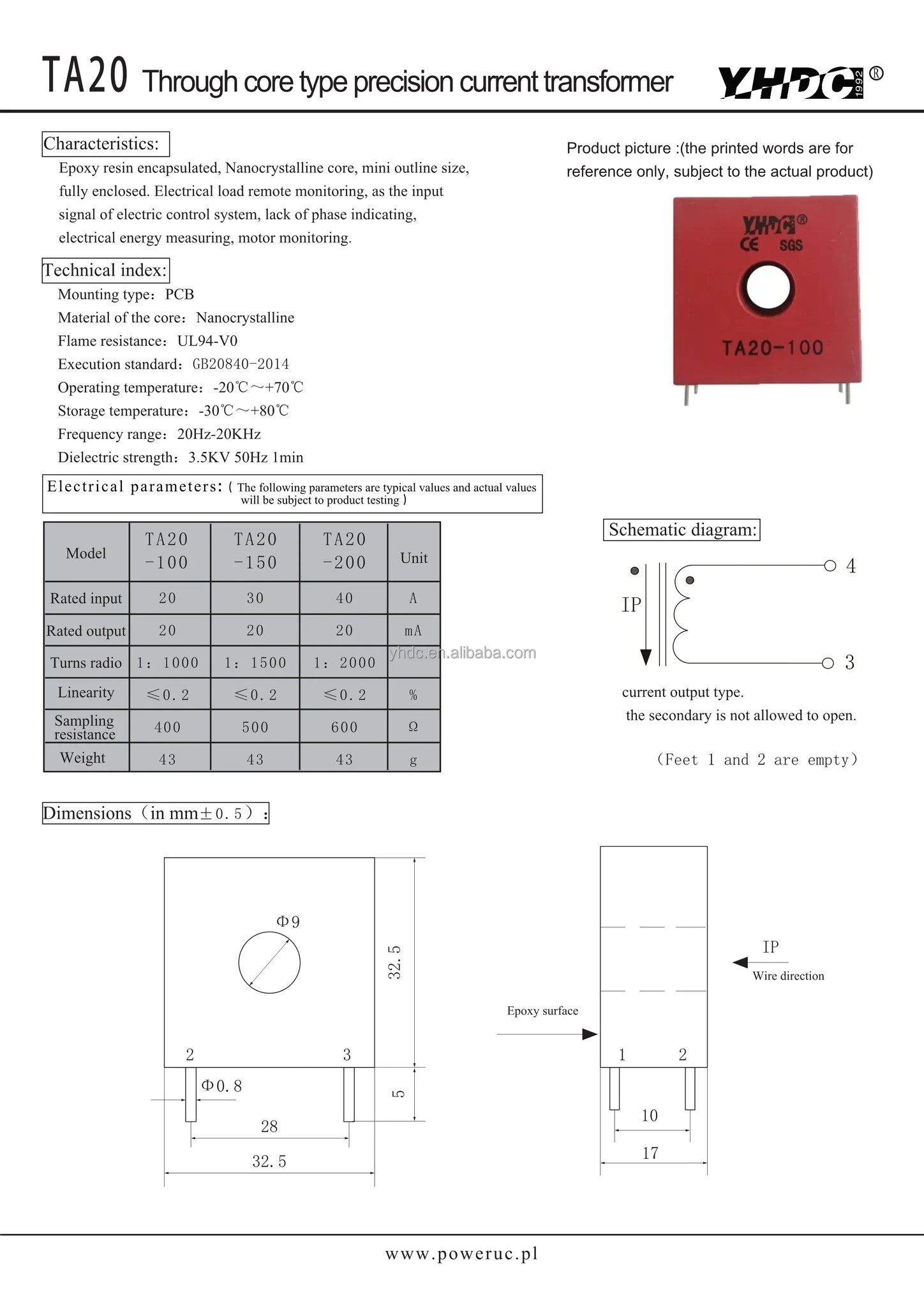 YHDC 0-40A THROUGH CORE TYPE PRECISION CURRENT TRANSFORMER TA20 with 20mA output
